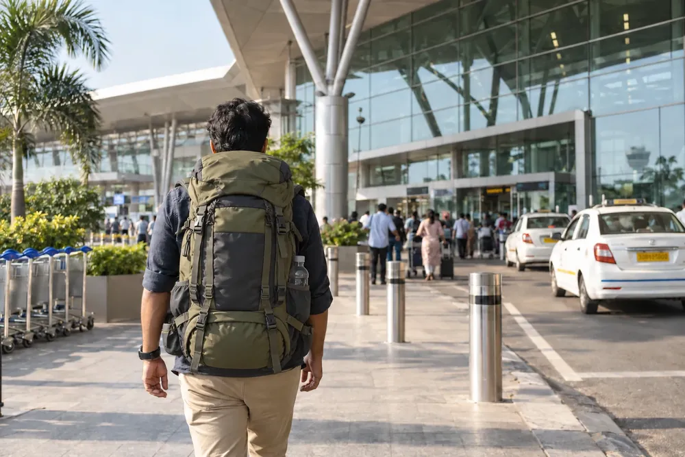 A traveler with a large hiking backpack leaves the airport
