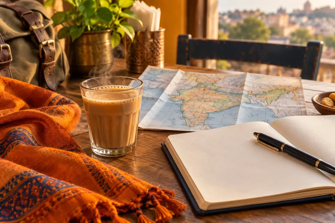 A cup of chai, a notebook, and a travel map