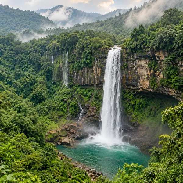 Waterfalls between green hills in northeast India