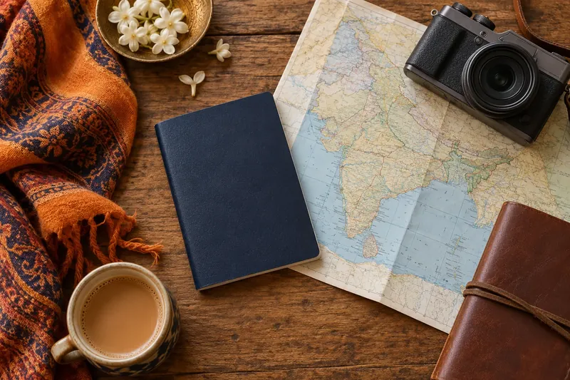 Passport, camera and travel map